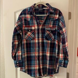 Vintage Men's Casual Plaid Button Down Shirt - Navy, Red, and White